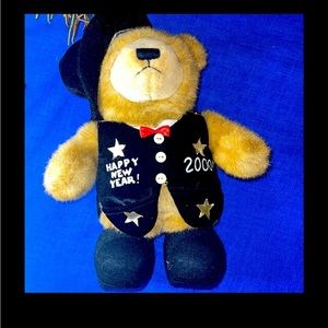 Rare VTG Stichler Plush Brown Bear Happy New Year 2000 Celebrating.
